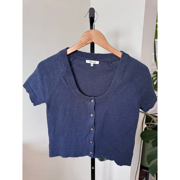 Madewell Navy Blue Sweater Short Sleeve Blouse Button Down - Picture 1 of 3